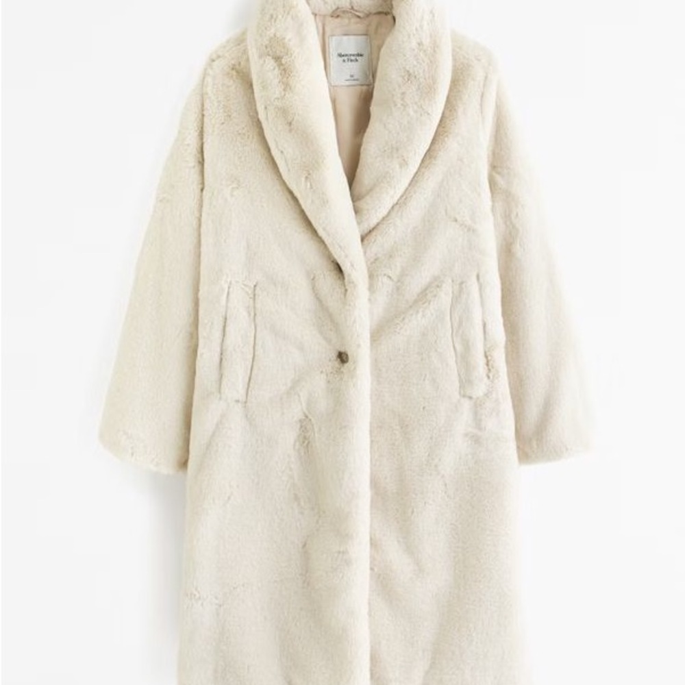Faux Fur Long Length Coat in Cream by Abercrombie & Fitch